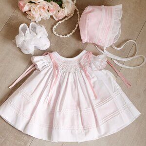 Smocked White Dress Heirloom Bonnet Slip Shoe Set Boutique NWT